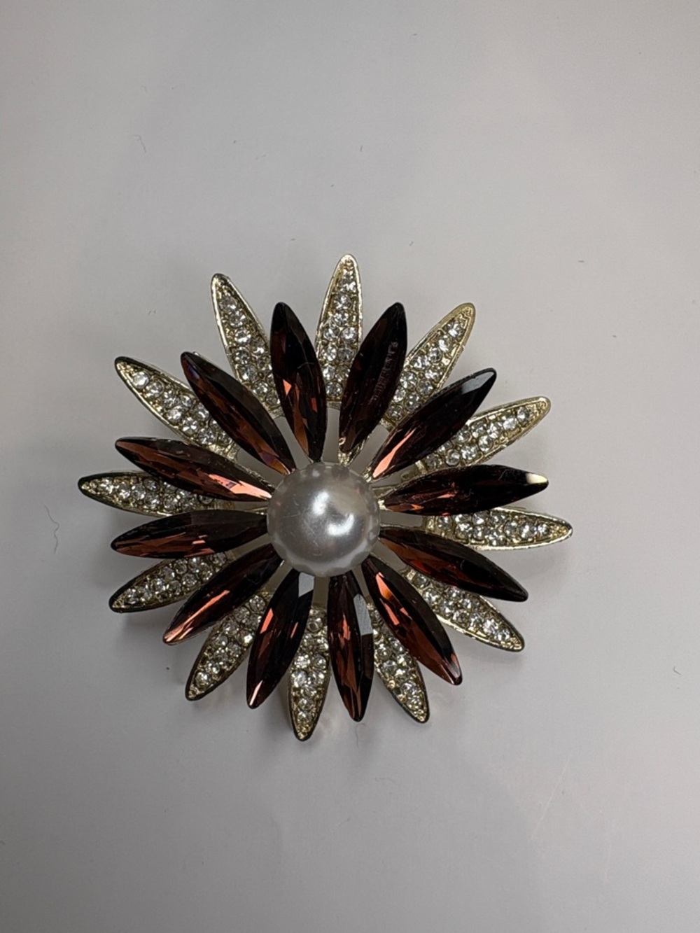 Crystal and Pearl Floral Brooch - Brown & Silver